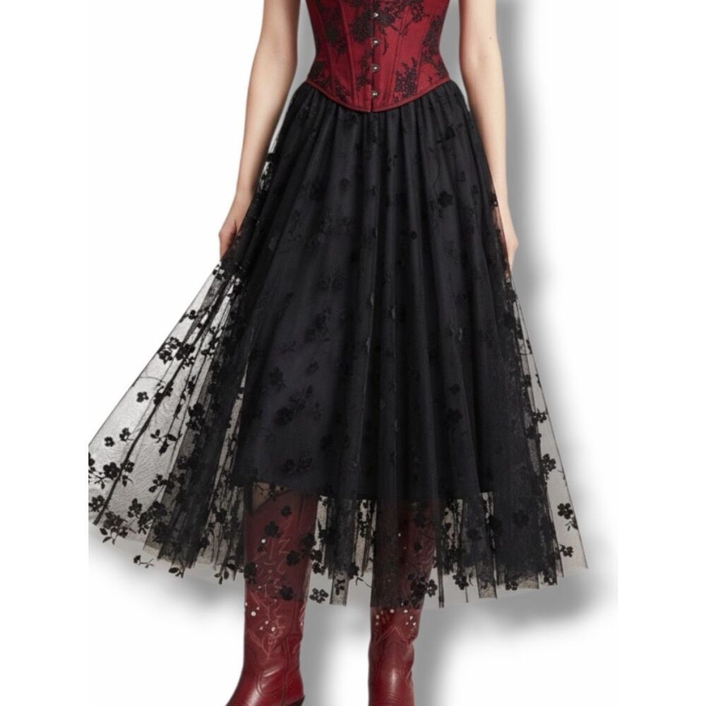 Black Floral Embroidered Midi Skirt - Western Goth Whimsigoth NWT